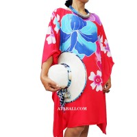 Women Beach Clothing Poncho Top Dress Hot Pink Handpainting Flower Design Handmade Fashion